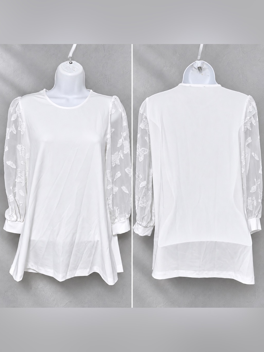 White Blouse with Embroidered Sheer (3/4) Sleeves